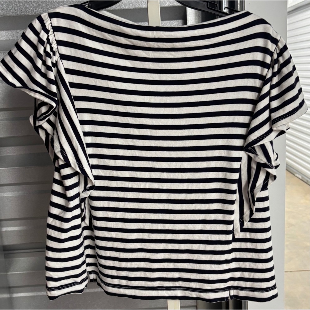 Free Assembly Womens Striped Ruffle Sleeve Cotton Top Navy White Large 12-14